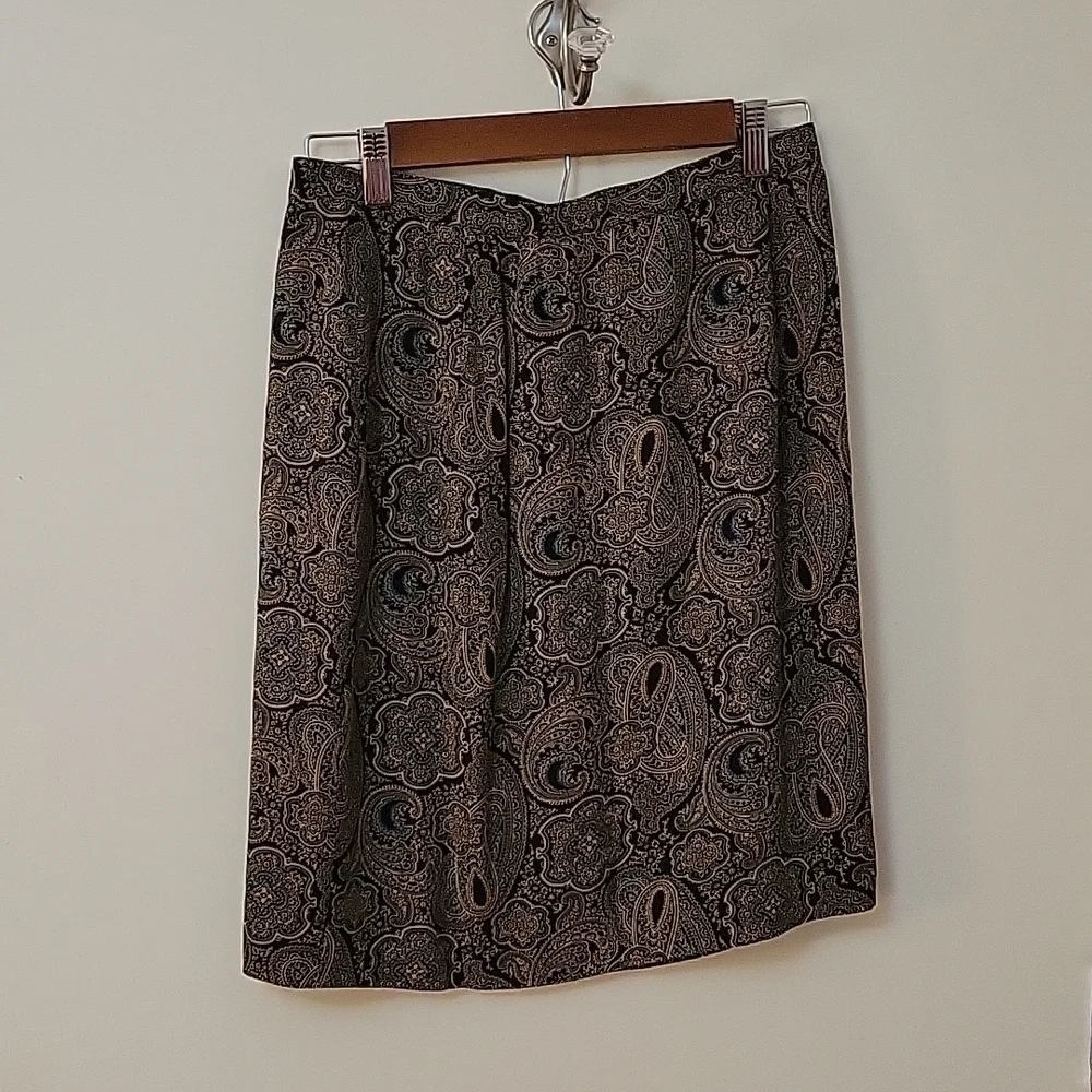 Vtg TALBOTS 1990s Navy Brown Paisley Preppy Wrap Mini Skirt